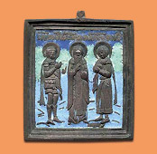 Литая икона Св. мученики Иоанн Воин, Харлампий и Вонифатий
